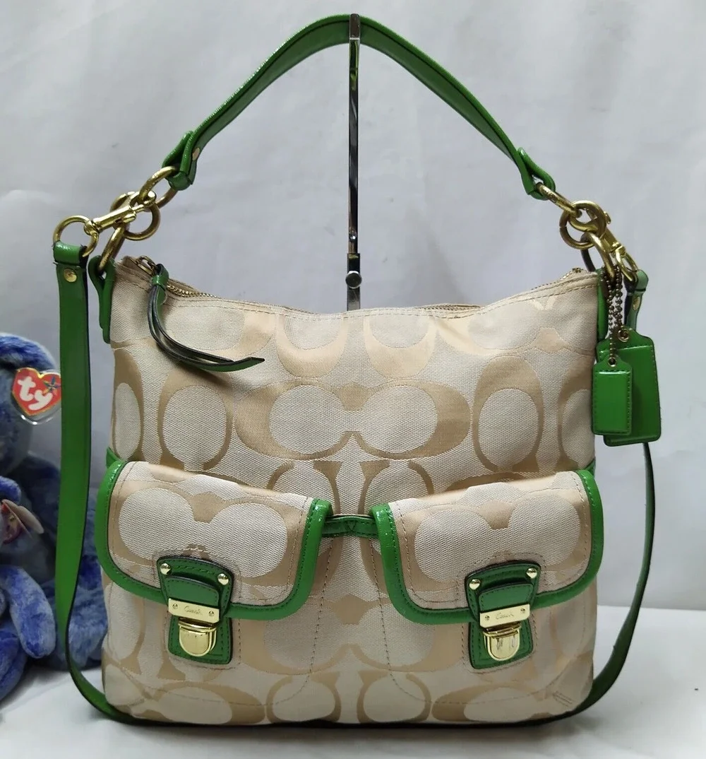 Coach Poppy Signature Brown Canvas Green Leather Trim Pushlock Crossbody Bag